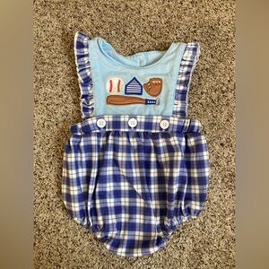 Blue Plaid 9 Month Embroidered Baseball Bubble